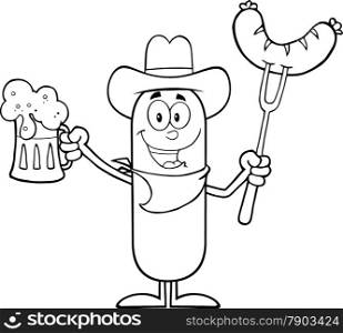 Black And White Cowboy Sausage Cartoon Character Holding A Beer And Weenie On A Fork