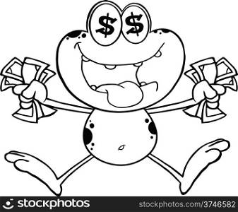 Black And White Crazy Frog Cartoon Character Jumping With Cash