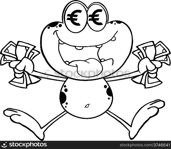 Black And White Crazy Frog Cartoon Character Jumping With Euro