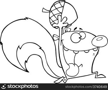 Black and White Crazy Squirrel Cartoon Mascot Character Running With Acorn