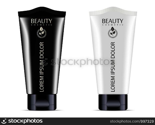 Black and white cream or ointment cosmetic tubes set with black lid color design. Realistic mockup package vector illustration. Cosmetics or medicine product.. Black white cream or ointment cosmetic tubes set