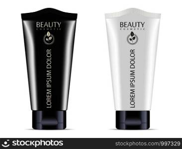 Black and white cream or ointment cosmetic tubes set with black lid color design. Realistic mockup package vector illustration. Cosmetics or medicine product.. Black white cream or ointment cosmetic tubes set