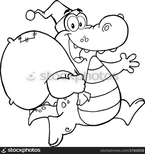 Black and White Crocodile Santa Cartoon Mascot Character Running With Bag
