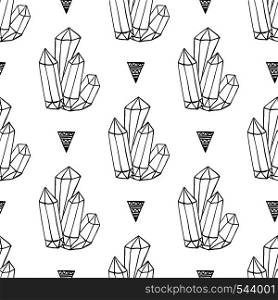 Black and white crystals minerals rocks hand drawn vector seamless pattern. Triangle hipster background with jewels. Black and white crystals minerals rocks hand drawn vector seamless pattern. Triangle hipster background with jewel