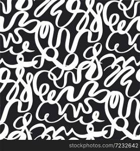 Black and white curvy brush stroke waves seamless pattern for background, fabric, textile, wrap, surface, web and print design. Abstract ribbon lines repeatable motif.