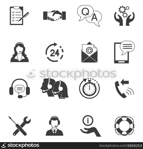 Black And White Customer Support Icon Set. Flat style black and white icons set collection of fast support service and remote technical assistance isolated vector illustration