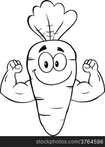 Black And White Cute Carrot Cartoon Character Showing Muscle Arms