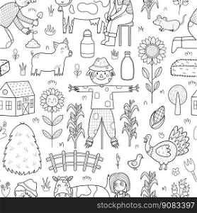 Black and white cute farm seamless pattern with scarecrow, pig, cow, kids farmers. Funny countryside background in cartoon style for coloring page, fabric and textile. Vector illustration