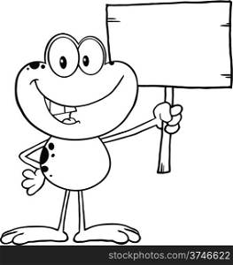 Black And White Cute Frog Cartoon Character Holding Up A Wood Sign