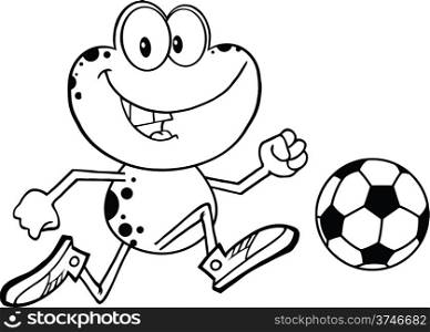 Black And White Cute Frog Cartoon Character Playing With Soccer Ball