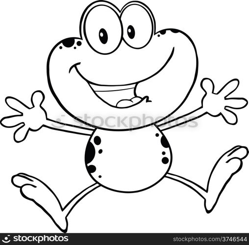 Black And White Cute Frog Cartoon Mascot Character Jumping.