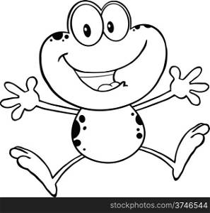 Black And White Cute Frog Cartoon Mascot Character Jumping.