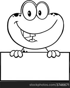 Black And White Cute Frog Cartoon Mascot Character Over Blank Sign