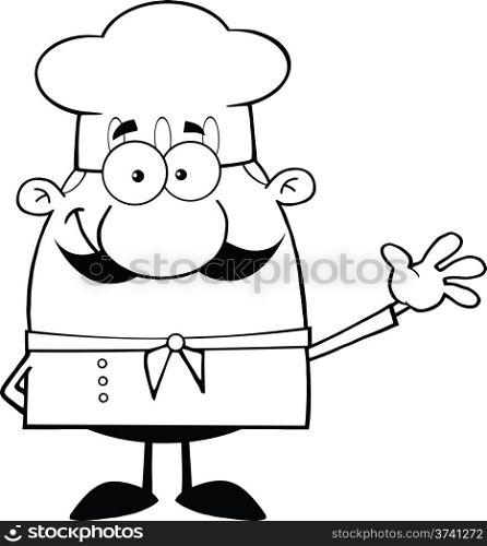 Black and White Cute Little Chef Cartoon Character Waving For Greeting