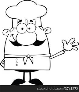 Black and White Cute Little Chef Cartoon Character Waving For Greeting