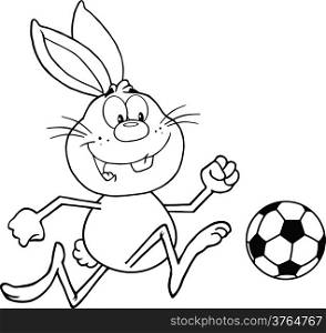 Black And White Cute Rabbit Cartoon Character Playing With Soccer Ball