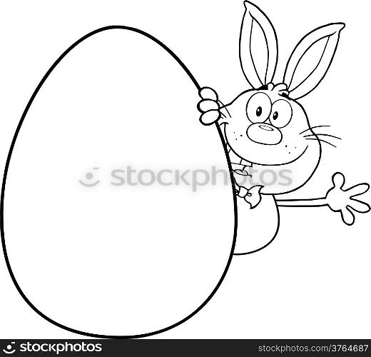 Black And White Cute Rabbit Cartoon Character Waving Behind Easter Egg