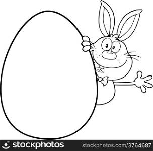 Black And White Cute Rabbit Cartoon Character Waving Behind Easter Egg