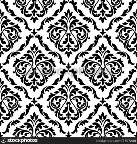 Black and white damask floral seamless pattern with elegant flower buds. For wallpaper and background design. Damask black and white floral seamless pattern