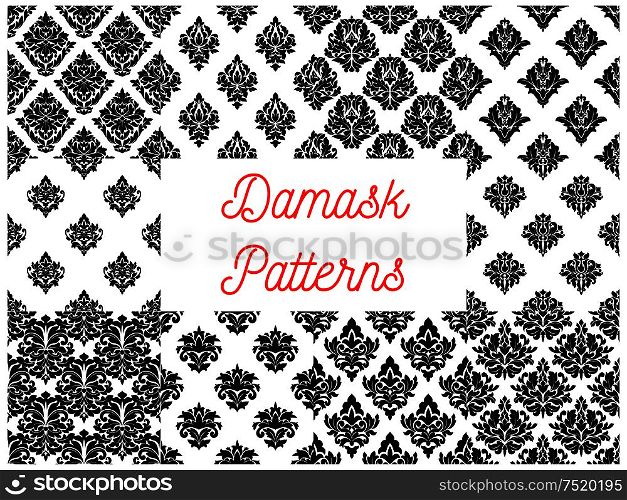 Black and white damask seamless patterns with medieval victorian floral motif of lush curly flowers and leaves. Wallpaper or fabric print design. Damask seamless patterns with floral motif