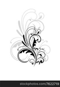 Black and white decorative vintage swirling foliate design element superimposed over a larger repeat in grey behind