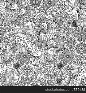 Black and white detailed line ornamental background with decorative elements, leaves and flowers. Adult coloring pattern, vector illustration. Detailed line ornamental background with flowers