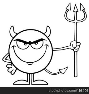 Black And White Devil Cartoon Emoji Character Holding A Pitchfork. Illustration Isolated On White Background