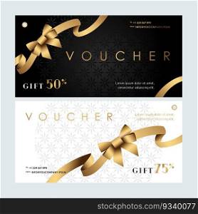 Black and white discount vouchers with golden ribbon decoration . Vouchers with golden ribbon
