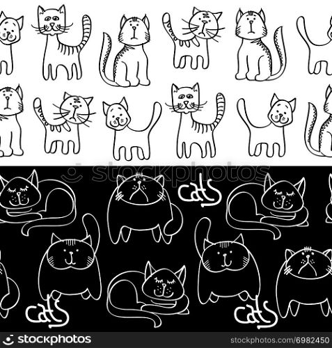Black and white doodle cats seamless borders. Background with cats. Vector illustration. Black and white doodle cats seamless borders