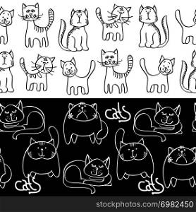 Black and white doodle cats seamless borders. Background with cats. Vector illustration. Black and white doodle cats seamless borders