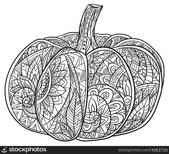 Black and white doodle illustration of pumpkin with a boho pattern. Coloring for adults. Black and white doodle illustration of pumpkin with a boho pattern