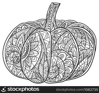 Black and white doodle illustration of pumpkin with a boho pattern. Coloring for adults. Black and white doodle illustration of pumpkin with a boho pattern