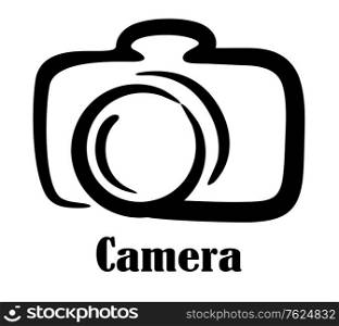 Black and white doodle sketch camera icon with a digital camera over the text in black - Camera. Camera icon