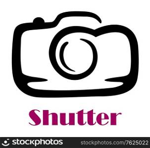 Black and white doodle sketch camera symbol with the word Shutter in purple underneath