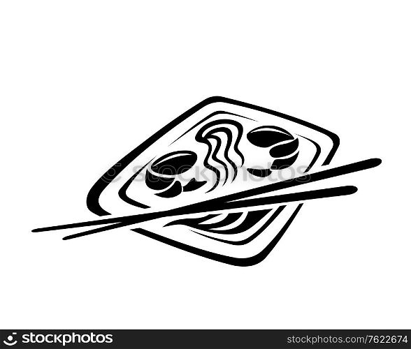 Black and white doodle sketch icon depicting Japanese cuisine with chop sticks, noodles and shrimps on a plate of food