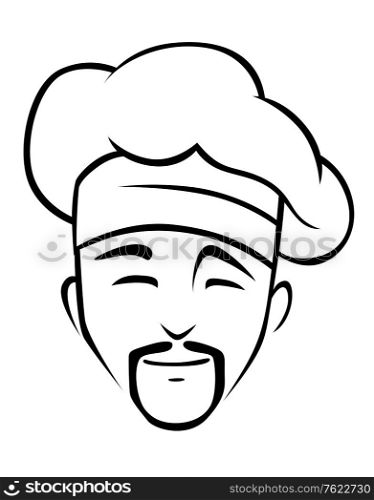 Black and white doodle sketch illustration of the face of a smiling chinese chef with a goatee beard wearing a traditional toque or hat