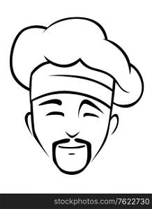 Black and white doodle sketch illustration of the face of a smiling chinese chef with a goatee beard wearing a traditional toque or hat