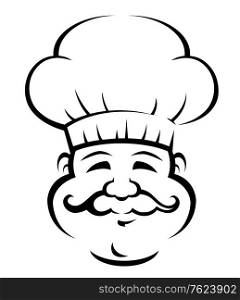 Black and white doodle sketch of a smiling chef or baker with a large curly moustache wearing a traditional white toque