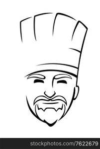 Black and white doodle sketch of the face of a bearded chef with a toque or traditional white cloth hat