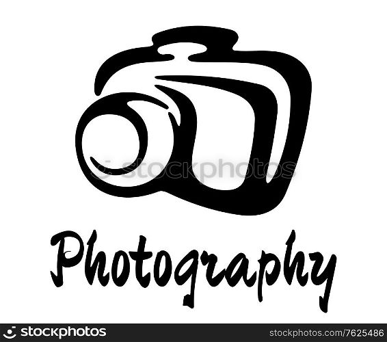 Black and white doodle sketch photography icon with a digital camera and lens above the script - Photography. Doodle sketch photography icon