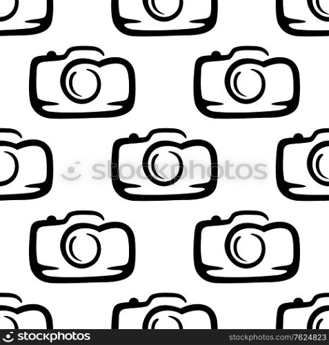 Black and white doodle sketch seamless pattern of a compact camera in square format. Seamless pattern of a compact camera