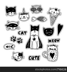 Black and white doodle stikers with cats, hearts, fish and paws.