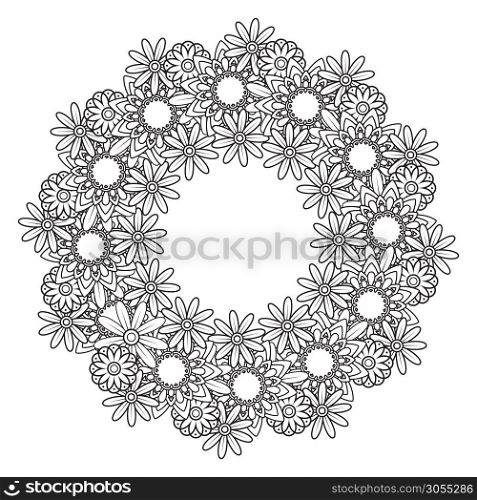 Black and white doodle wreath. Flowers decorative frame. Floral ornament. Design element with space for your text. Perfect for coloring books, cards, invitation, wedding. Vector illustration. Floral Mandala Pattern