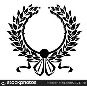 Black and white double circular foliate wreath with a decorative ribbon and bow isolated on white background. Black and white double circular foliate wreath