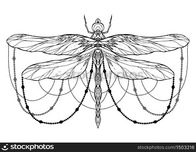Black and white dragonfly illustration with boho pattern and beads. Vector element for sketching tattoos, printing on T-shirts, postcards and your creativity. Black and white dragonfly illustration with boho pattern and bea