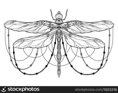 Black and white dragonfly illustration with boho pattern and beads. Vector element for sketching tattoos, printing on T-shirts, postcards and your creativity. Black and white dragonfly illustration with boho pattern and bea