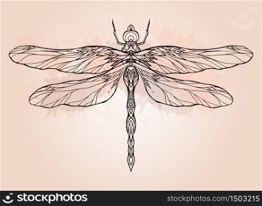 Black and white dragonfly illustration with boho pattern and watercolor splash. Vector element for sketching tattoos, printing on T-shirts, postcards and your creativity. Black and white dragonfly illustration with boho pattern and wat
