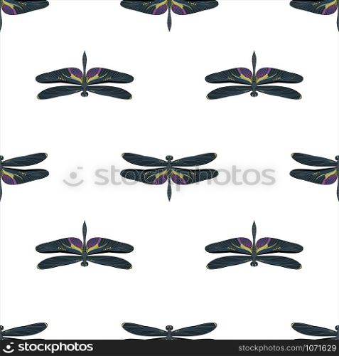Black and white dragonfly seamless pattern isolated on white background. Monochrome illustration. Design element for textile, fabrics, wallpaper, scrapbooking or etc. Vector illustration.. Black and white dragonfly seamless vector pattern isolated on white background.