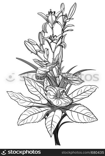 Black and White Drawing of Bouquet Flowers