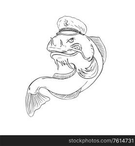 Black and White Drawing sketch style illustration of a catfish wearing sea captain hat cap on isolated background.. Captain Catfish Wearing Cap Jumping Drawing Black and White